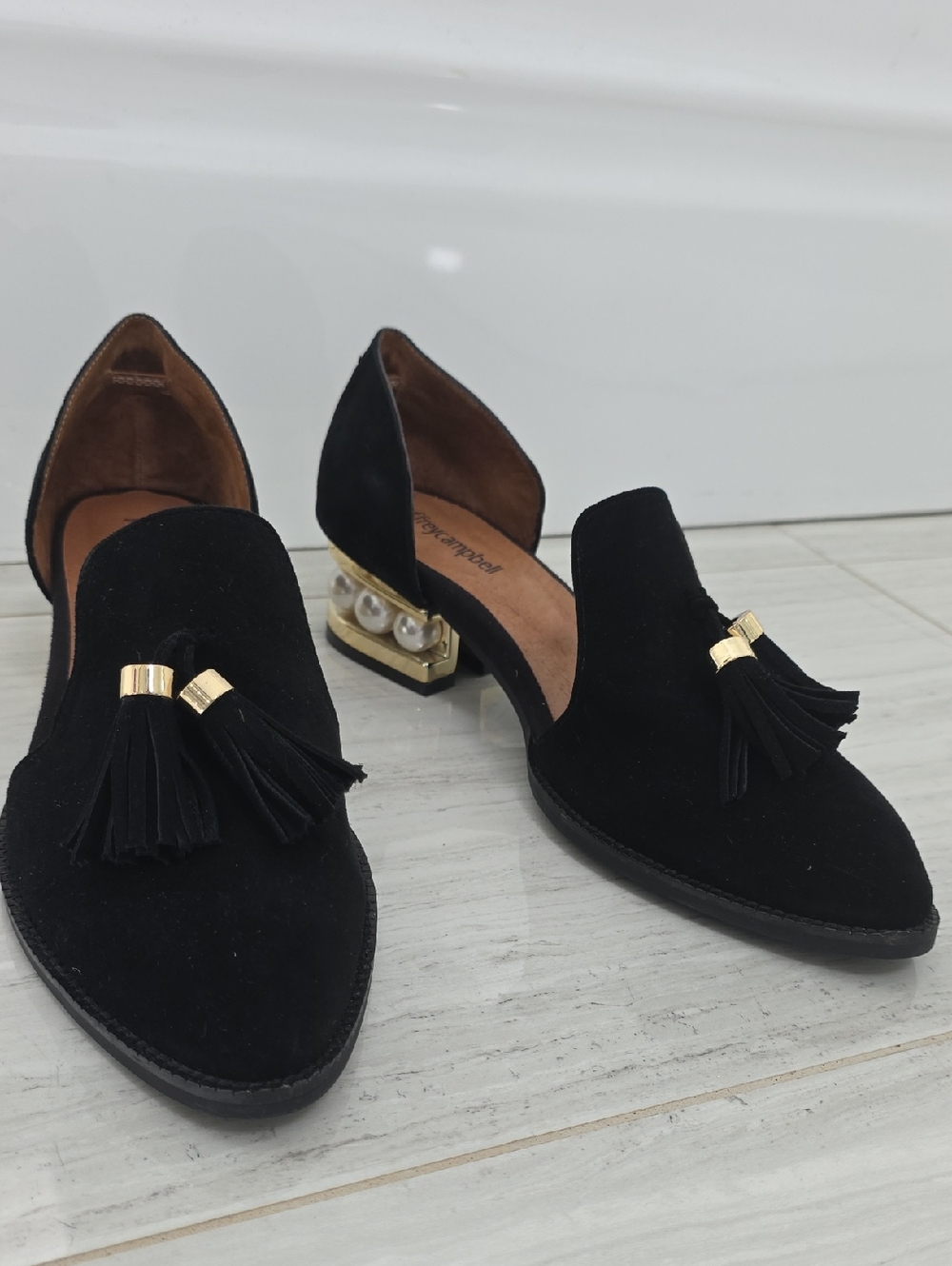 Jeffrey Campbell Black Tassel Loafers with Gold Pearl Accent Heel Women Size 10